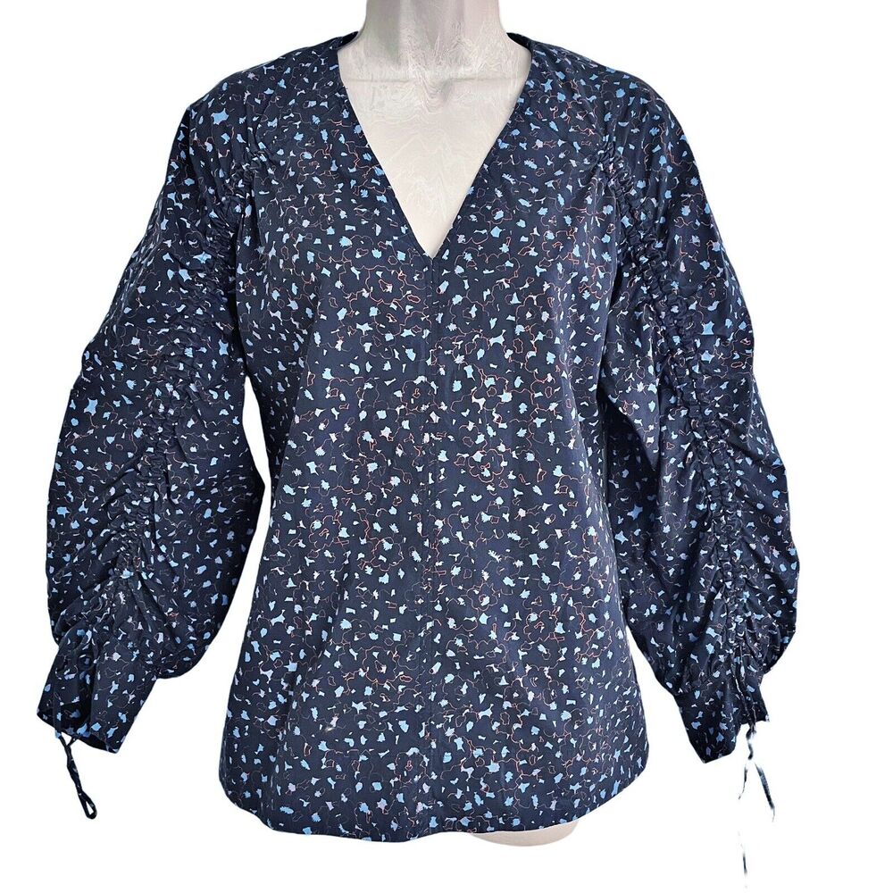 COS V Neck Blouse Top Sz 6 Womens Black Multi Print Ruched Bishop Sleeves Cotton